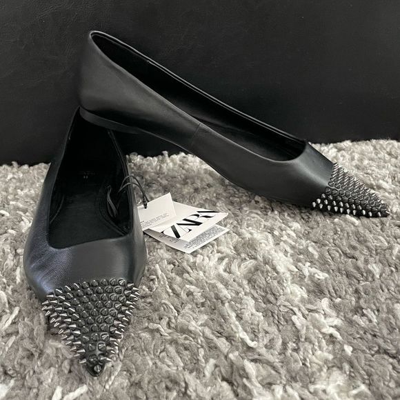 NWT Zara Studded Leather Ballet Flats - Picture 4 of 12